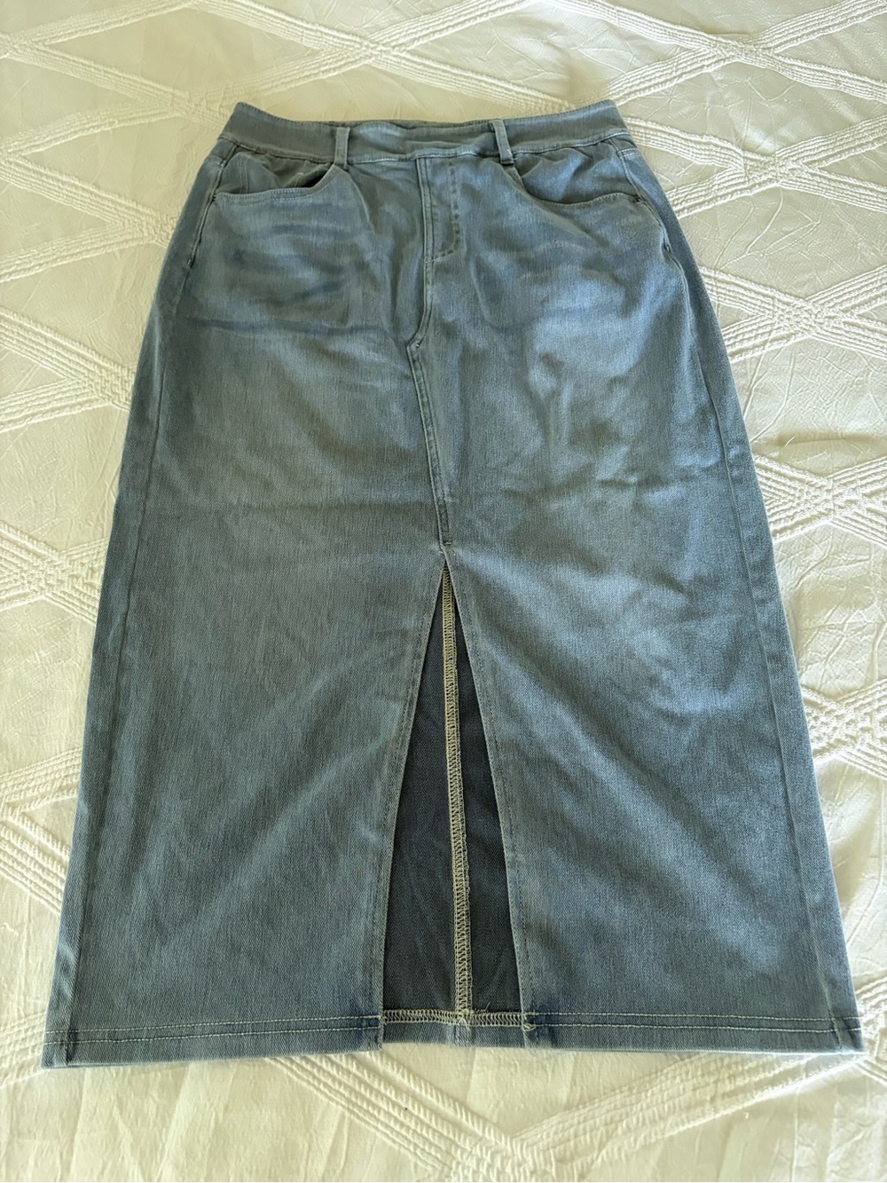 HALARA Slate Blue Denim Midi Skirt with Front Slit